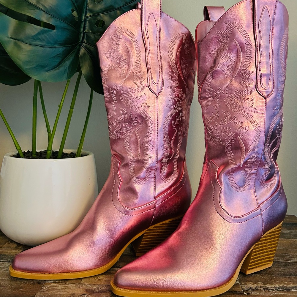 Pink Metallic Western Cowboy Boots-NEW